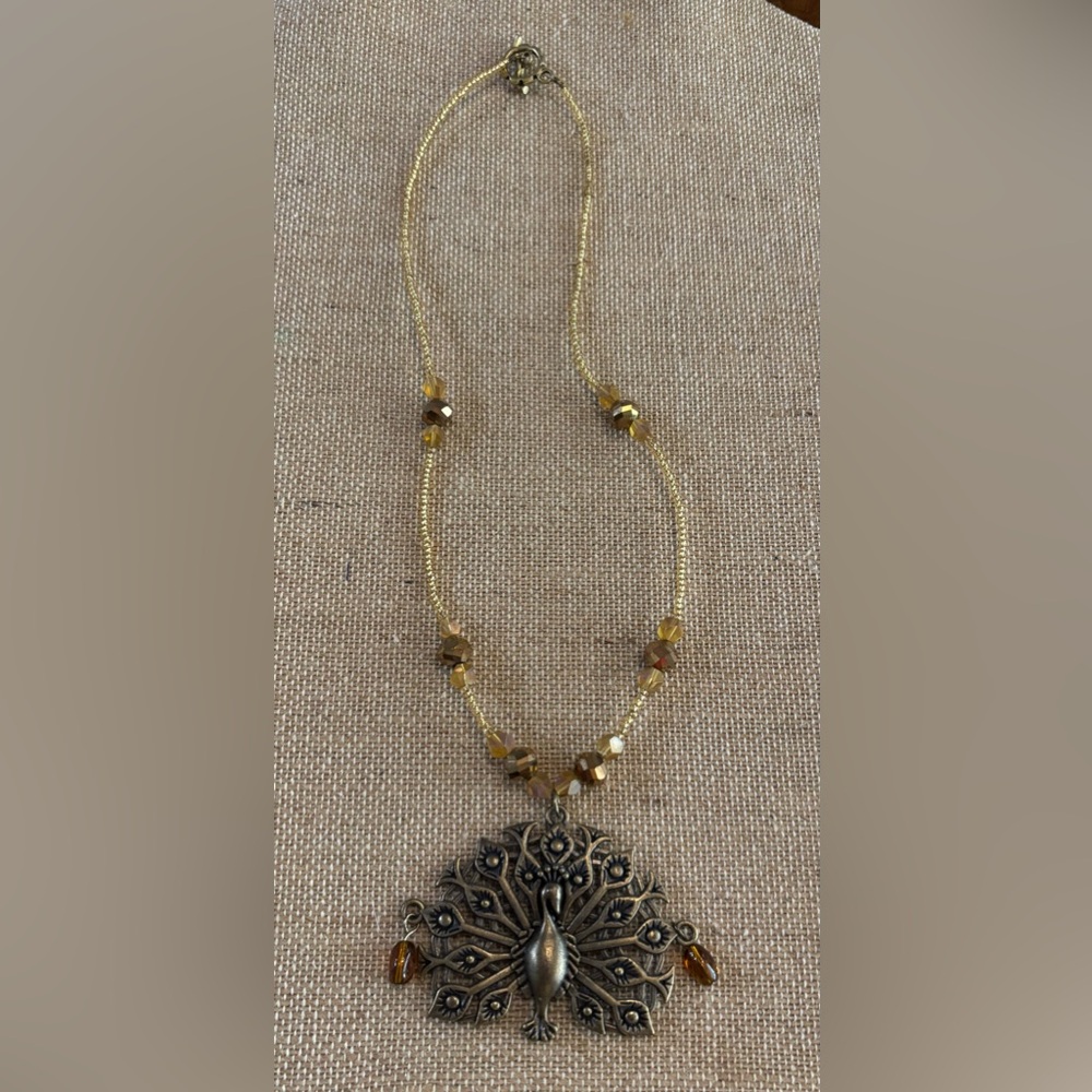 Fancy Bronze Plated Peacock Necklace Toggle 18”